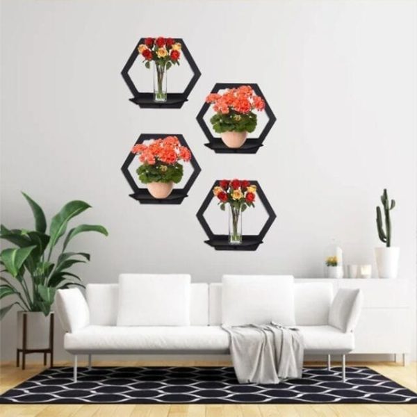 Hexagon Shape 3d Wooden Wall Shelf (3 Pcs Set)