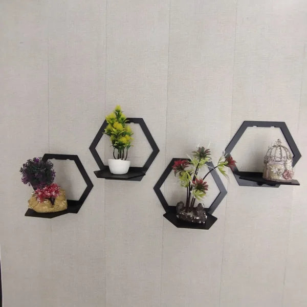 Hexagon Shape 3d Wooden Wall Shelf (3 Pcs Set)