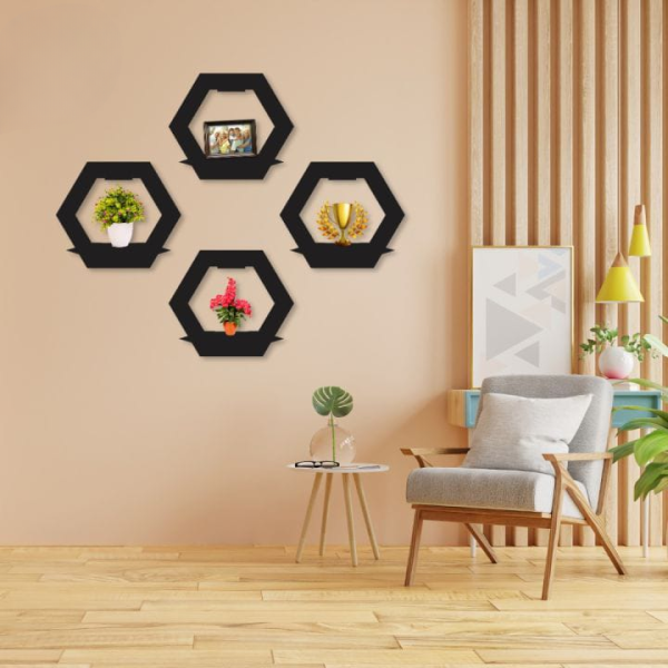 Hexagon Shape 3d Wooden Wall Shelf (3 Pcs Set)